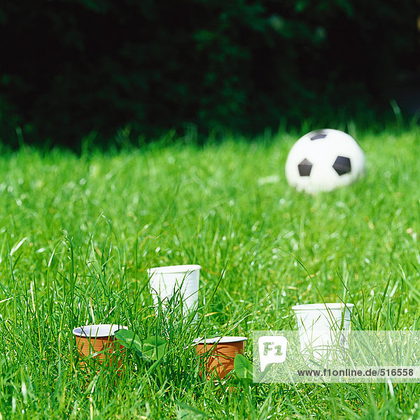 Pappbecher im Gras  Fußball im Hintergrund