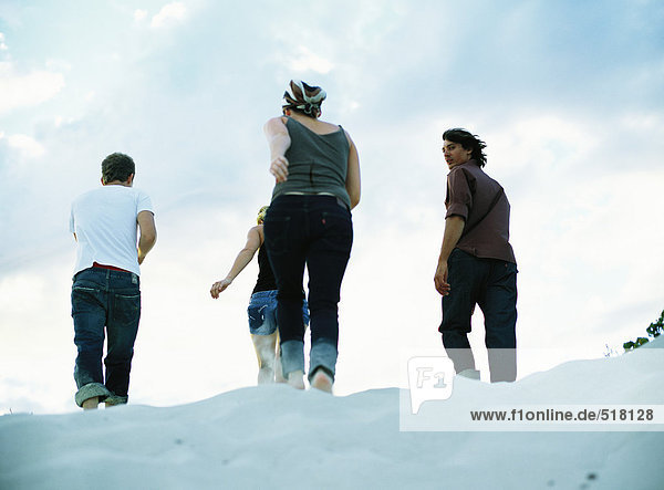 Four people walking on sand  rear view