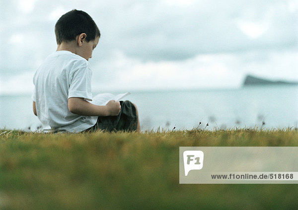 Junge liest auf Gras  Meer im Hintergrund  Rückansicht