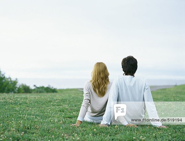 Junger Mann und junge Frau nebeneinander auf Gras sitzend  mit Händen gestützt  Rückansicht