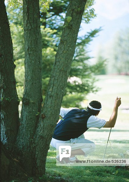 Golfer kauernd in Baumnähe  Rückansicht