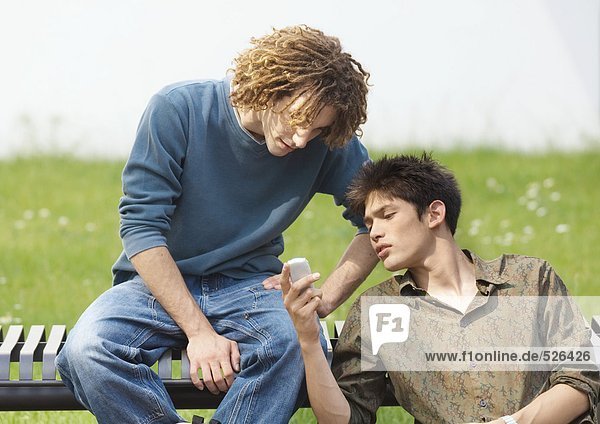 Two young men looking at cell phone