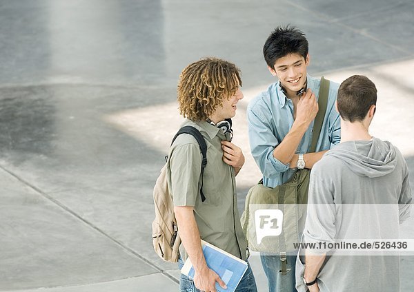 Drei männliche Schüler  die zusammen stehen und reden.