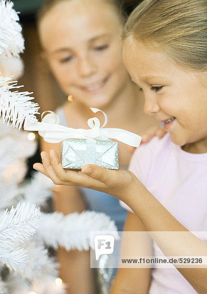 Mädchen mit Geschenk neben dem Weihnachtsbaum,  Schwester beim Zuschauen