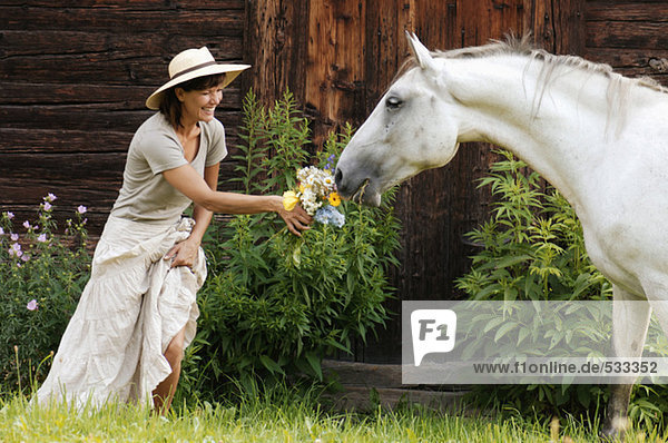 Ein Pferd  das an einem Blumenstrauß aus der Hand einer Frau riecht.