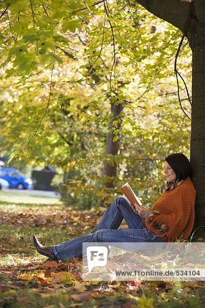 Frau auf Baum sitzend  lesend  Seitenansicht
