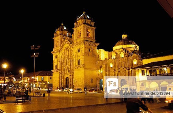 Church lit up at night  Iglesia La Compania De Jesus  Plaza-De-Armas  Cuzco  Cusco Region  Peru