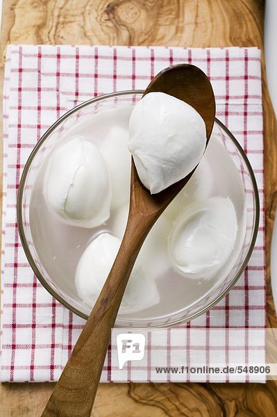 Mozzarella mit Lake in Glasschale und auf Kochlöffel Mozzarella mit Lake in Glasschale und auf Kochlöffel