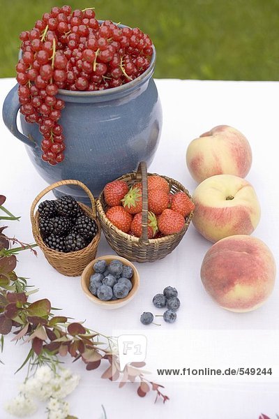 Sommerliches Obststilleben auf Tisch im Garten