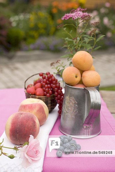 Pfirsiche  Aprikosen und frische Beeren auf Tisch im Freien