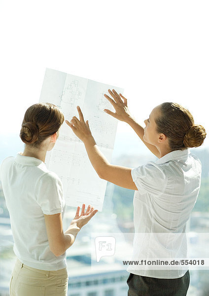 Two women holding up blueprints against window  discussing  rear view