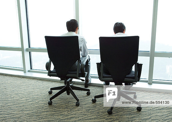 Two businessmen sitting in armchairs by window  rear view