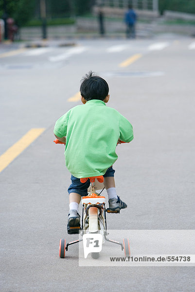 Boy riding bicycle with training wheels  rear view
