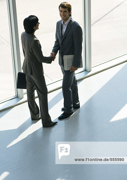 Business associates shaking hands  full length  high angle view