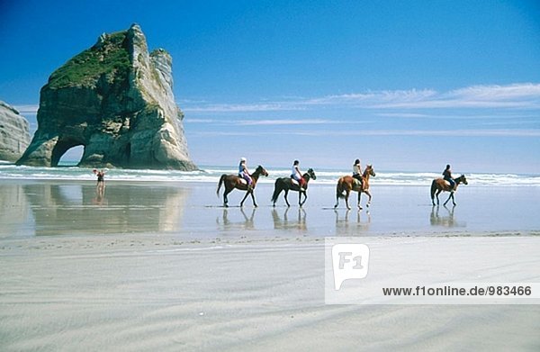 Group of horse riders on Wharariki beach with the Archway island behind Farewell spit  Golden Bay.
