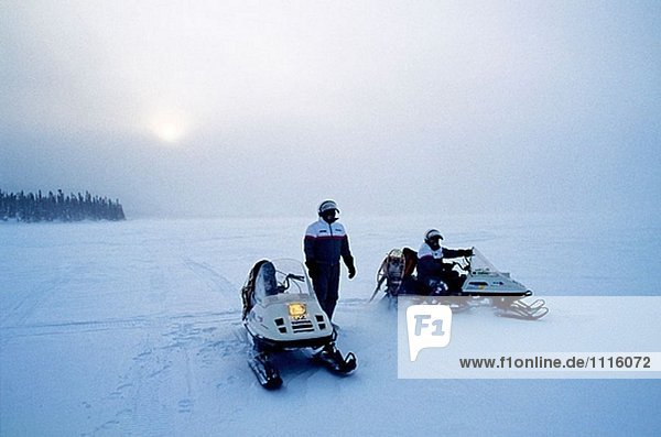 Winter Snowmobile raid in the Mounts Otish  North of Quebec province. Canada