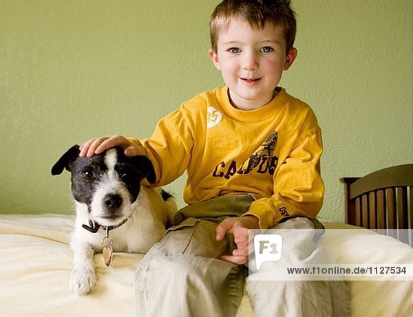 Boy  Alter 4  Lage auf dem Bett mit seinem Haustier Hund Jack-Russell-Terrier
