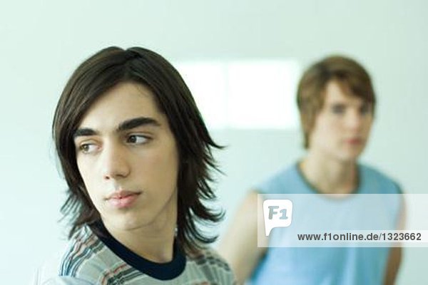 Teenager Junge schaut weg  Freund im Hintergrund  Portrait