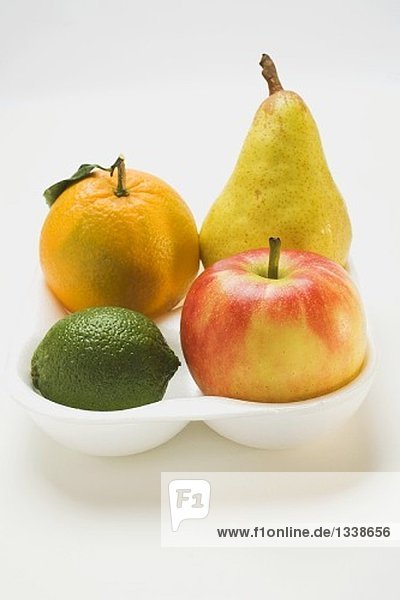 Orange  Birne  Limette und Apfel im Styroporbehälter
