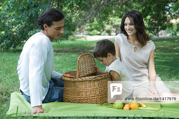 Family having picnic on lawn