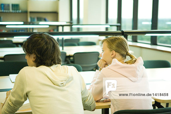 Zwei Studenten sitzen am Tisch in der Bibliothek  Rückansicht