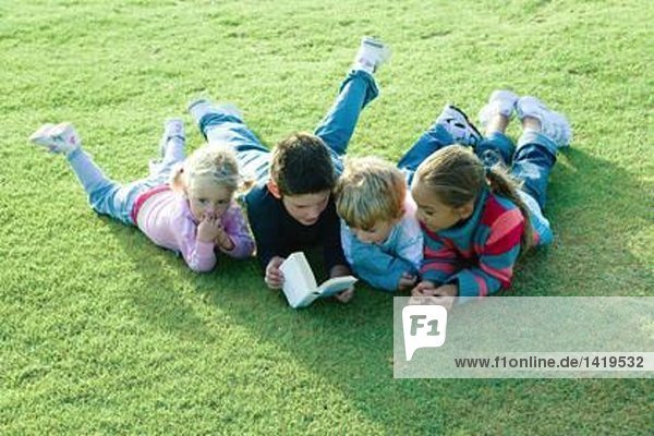Children lying on grass together  reading