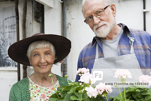 Ein älterer skandinavischen Paar mit einem Blumenkasten Schweden.