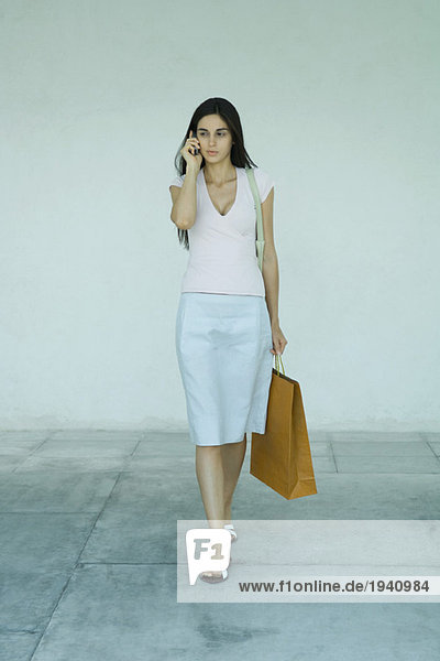 Frau mit Einkaufstaschen  mit Handy  Ganzkörperporträt
