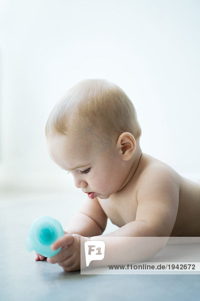 Naked baby lying on stomach  holding toy  waist up