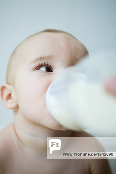 Baby drinking milk from bottle  head and shoulders  selective focus