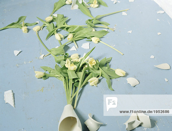 Zerbrochene Vase und Blumen auf dem Boden