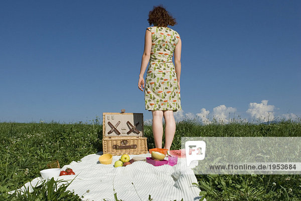 Junge Frau auf Picknickdecke stehend  Rückansicht  niedriger Schnitt