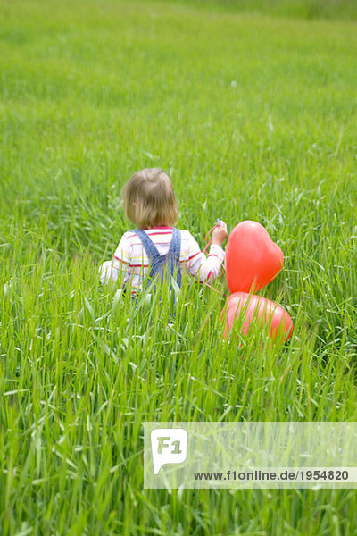 Mädchen ( 3-4) mit Luftballons  Spaziergang auf der Wiese  Rückansicht