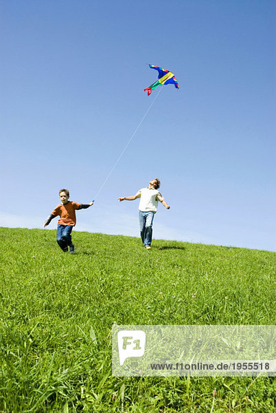 Father and son (4-7) flying kite  low angle view