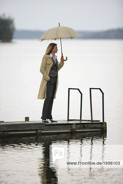 Geschäftsfrau am Steg stehend  Schirm haltend  Seitenansicht