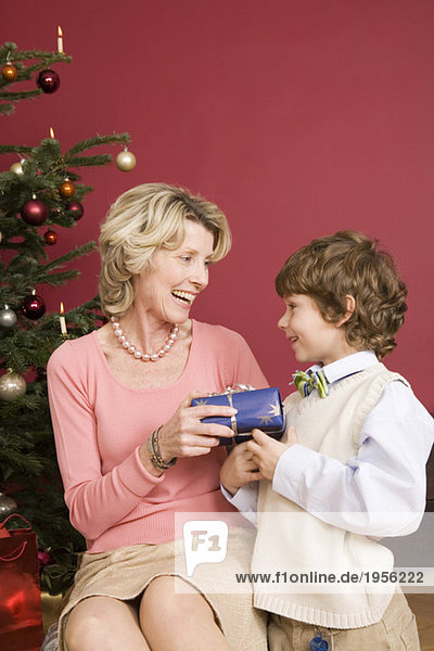 Junge (4-7) schenkt Großmutter ein Weihnachtsgeschenk  lächelnd