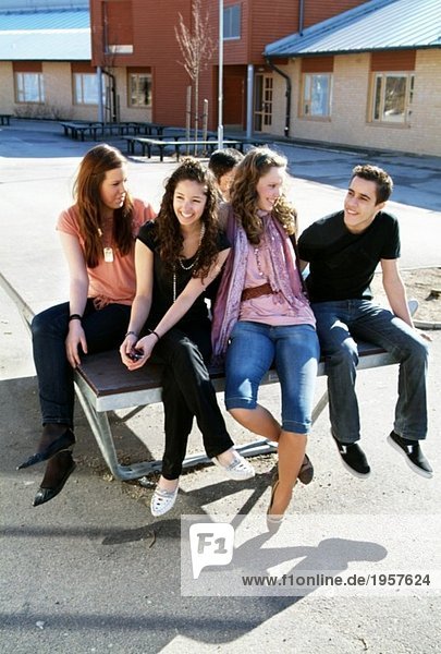 Five teenagers hanging out at the schoolyard
