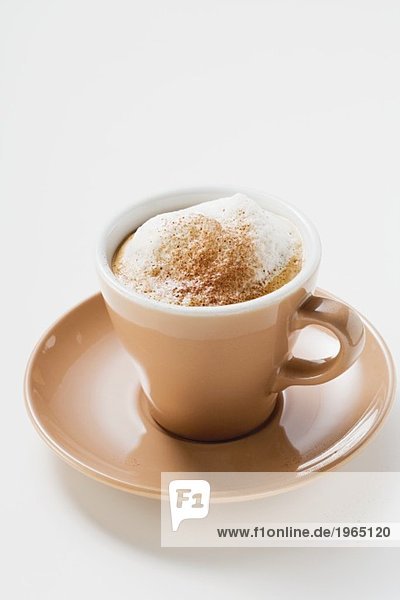 Tasse Cappuccino mit Milchschaum und Kakaopulver
