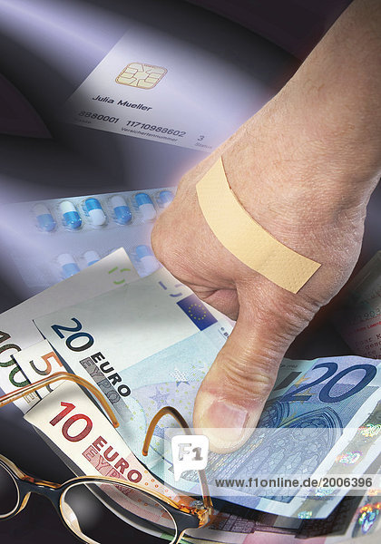 Symbolbild Kostenexplosion im Gesundheitswesen  Hand mit Pflaster und Euros