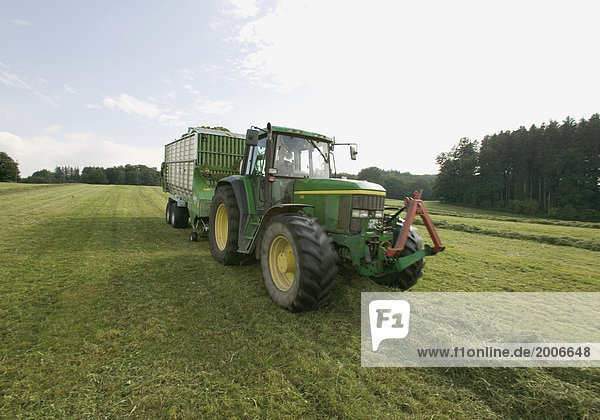 Traktor mit Anhänger beim Heusammeln