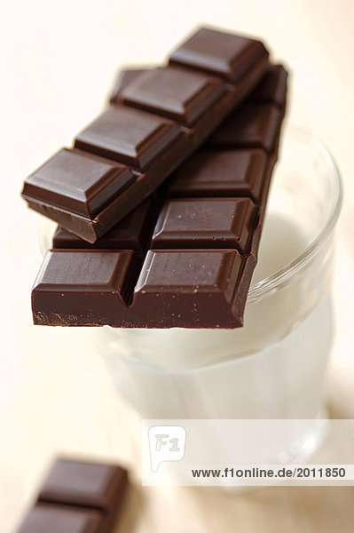 Bar mit dunkler Schokolade und Glas Milch