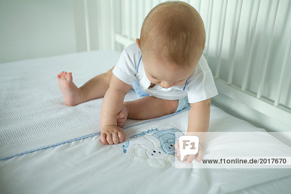 Baby in der Krippe Häschen auf der Decke betrachtend