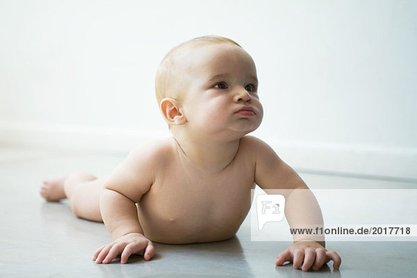 Baby lying on floor  lifting self up with arms  looking away  full length