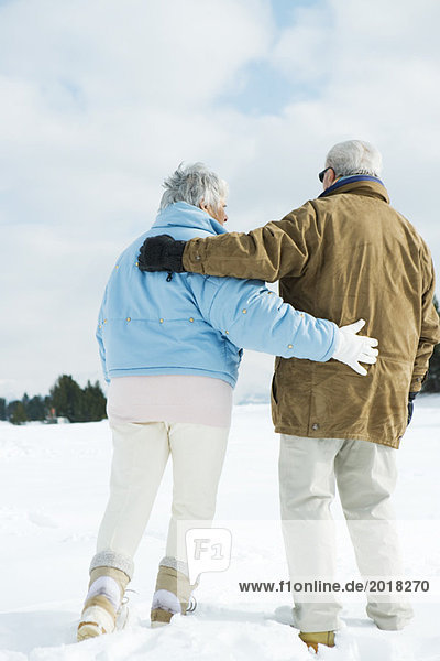 Seniorenpaar beim gemeinsamen Spaziergang im Schnee  volle Länge  Rückansicht