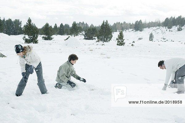 Young friends having snowball fight