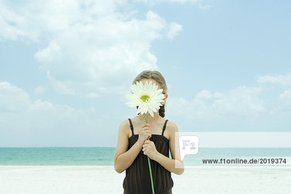Mädchen hält Blume vor Gesicht  steht am Strand  Taille oben