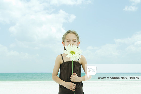 Mädchen hält Blume  Augen geschlossen  am Strand stehend  Taille oben