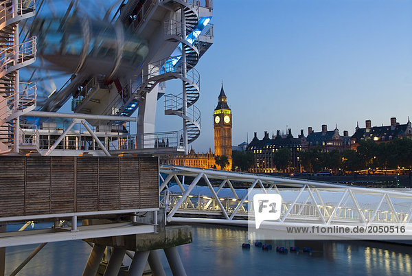 Bridge across river  Millennium Wheel  Big Ben  Thames River  City of Westminster  London  Greater London  England