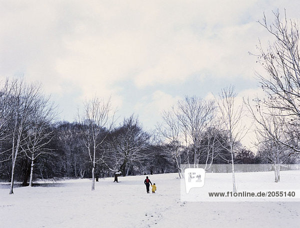 Rückansicht einer Frau und Kinderfrau durch einen Park im Schnee