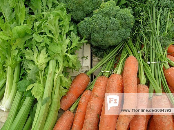 Nahaufnahme Karotten mit Brokkoli und Sellerie  Frankreich